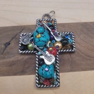 Large Unique Handmade Micromosaic Silver Tone Cross Pendant Tramp Art